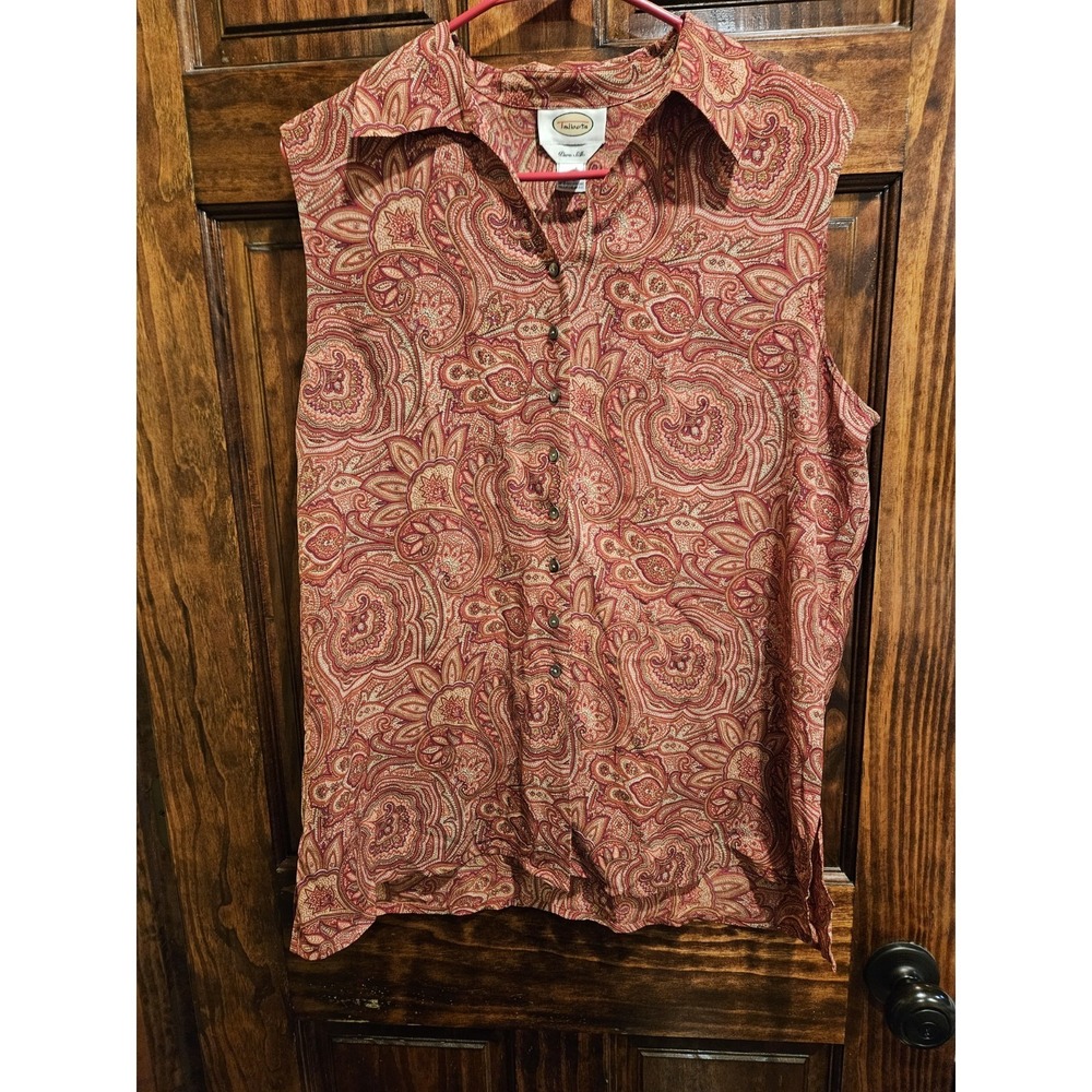 Talbots Vintage Pure Silk Sleeveless Paisley Button Up Blouse Red Orange Size 16